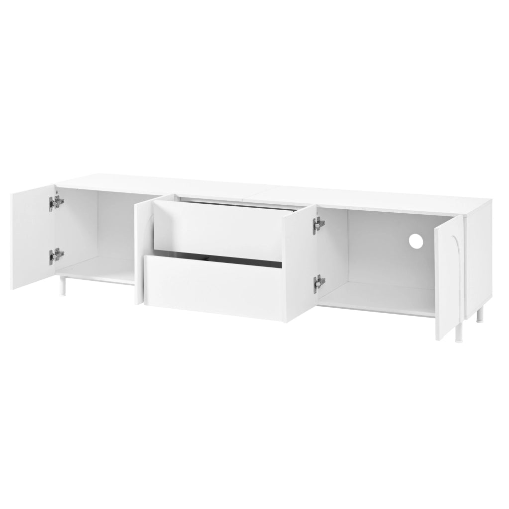 Mobile TV bianco con quattro ante arcuate, due cassetti e piedi in acciaio, 180x40x48 cm