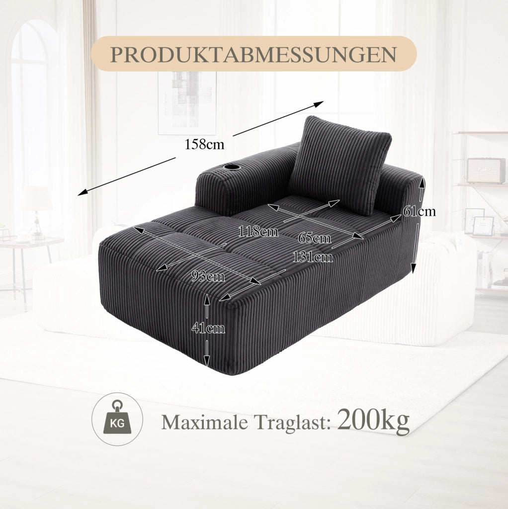 Divano compatto 158x93x61 cm in velluto a coste grigio scuro con tasche laterali