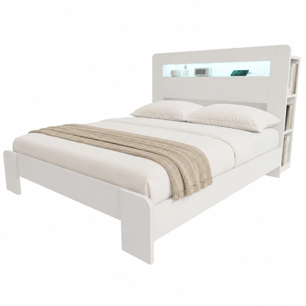 Struttura Letto in Legno Bianco 140x200 cm con Testiera Portaoggetti; LED e Prese Integrate