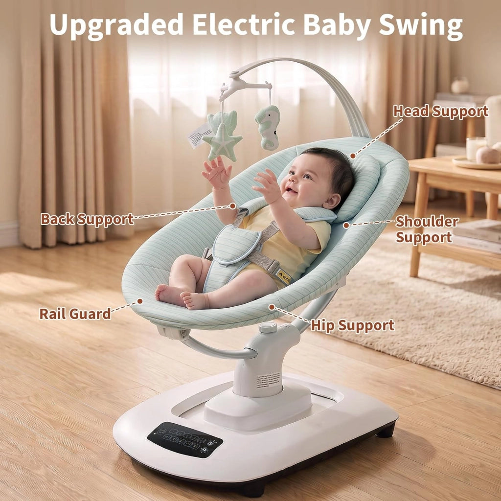 Sdraietta Neonati Elettrica; Sdraietta Dondolo Automatico per Bambini con 5 Movimenti Naturali e Velocità;Timer a 3 Livelli; 5 Ninne Nanne; Cintura a 5 Punti e Telecomando; Bluetooth