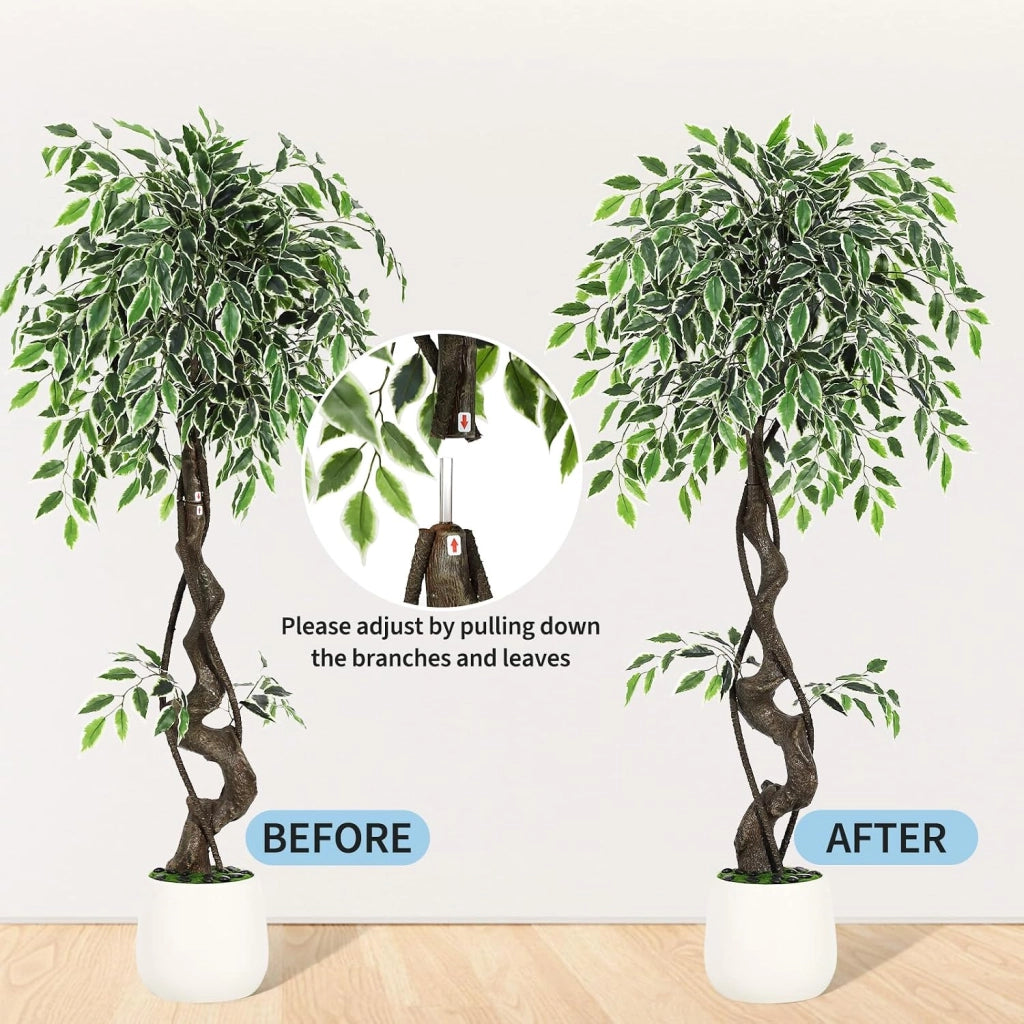 Ficus Artificiale 120 cm con Vaso in Ceramica Bianca Ciottoli e Muschio Verde