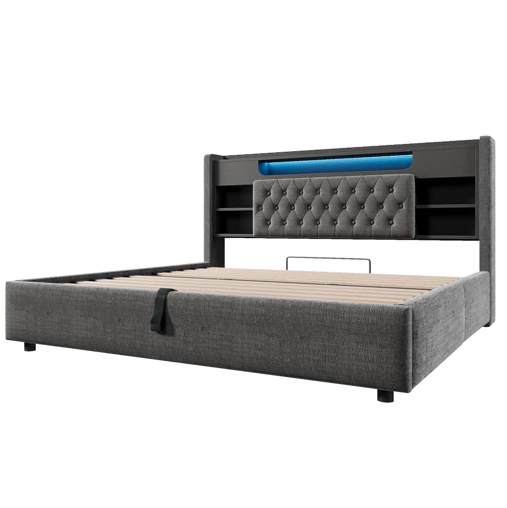Letto 180x200 cm con contenitore idraulico, LED e USB-C in lino grigio