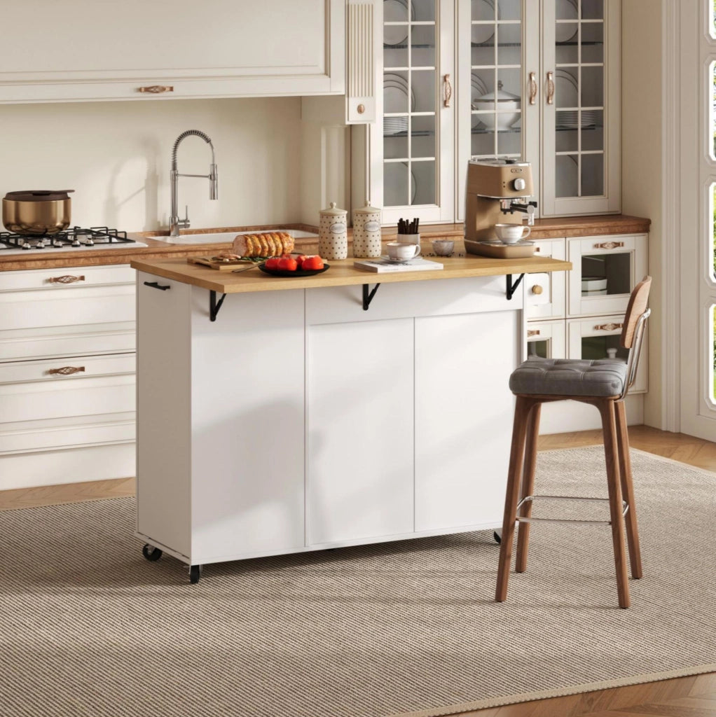 Isola cucina mobile in MDF bianco con piano ribaltabile; cassetto e vano porta rifiuti