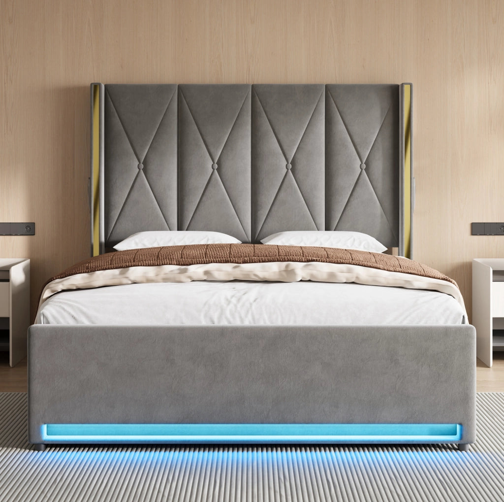 Letto matrimoniale contenitore 160x200 cm in velluto grigio scuro con testiera alta, LED, USB e Type-C