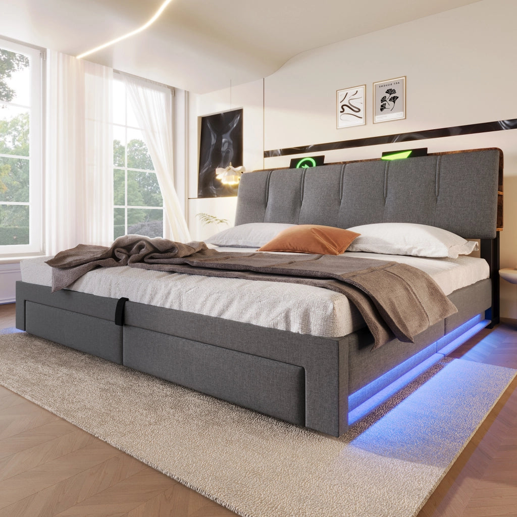 Letto contenitore 180 × 200 cm matrimoniale con 2 cassetti; USB; Type-C e LED regolabile; senza materasso; grigio