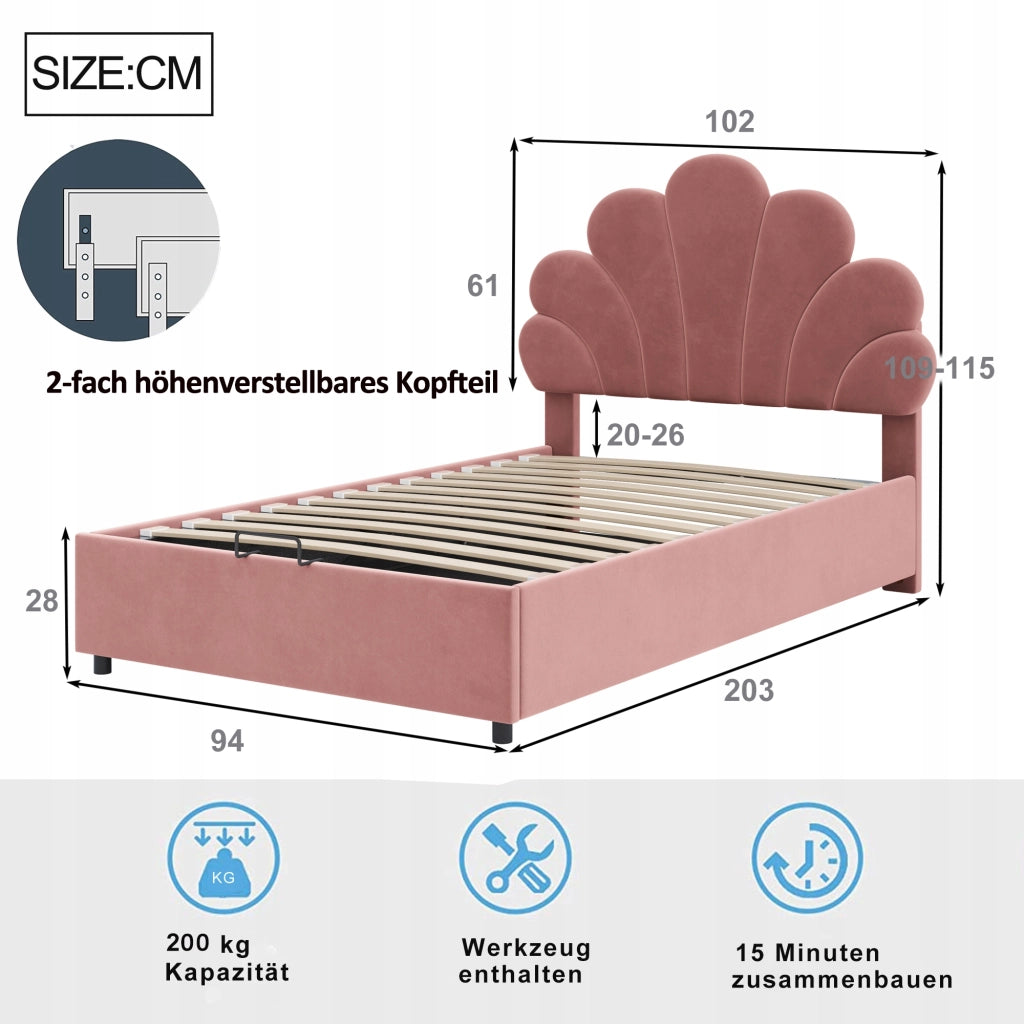 Letto imbottito 90x200 - Xylo - rosa, telaio sollevabile
