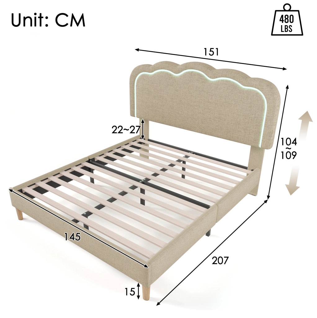 Letto imbottito LED beige 140 x 200 cm con testiera regolabile