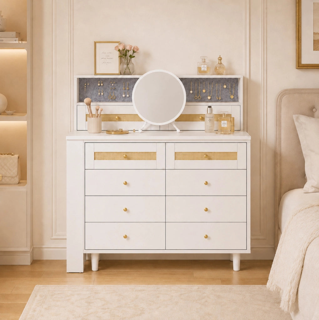 Toeletta ULEVR 105x50x107,5 cm con specchio, 10 cassetti, piano in vetro temprato e dettagli in rattan, bianca