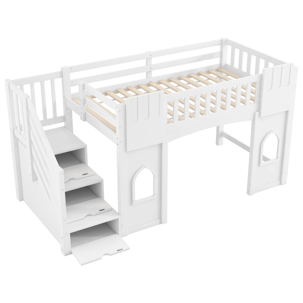 Letto a soppalco 90 x 200 cm con scala contenitore e 2 finestre, letto per bambini in legno bianco con sponde di sicurezza, area gioco e rete a doghe