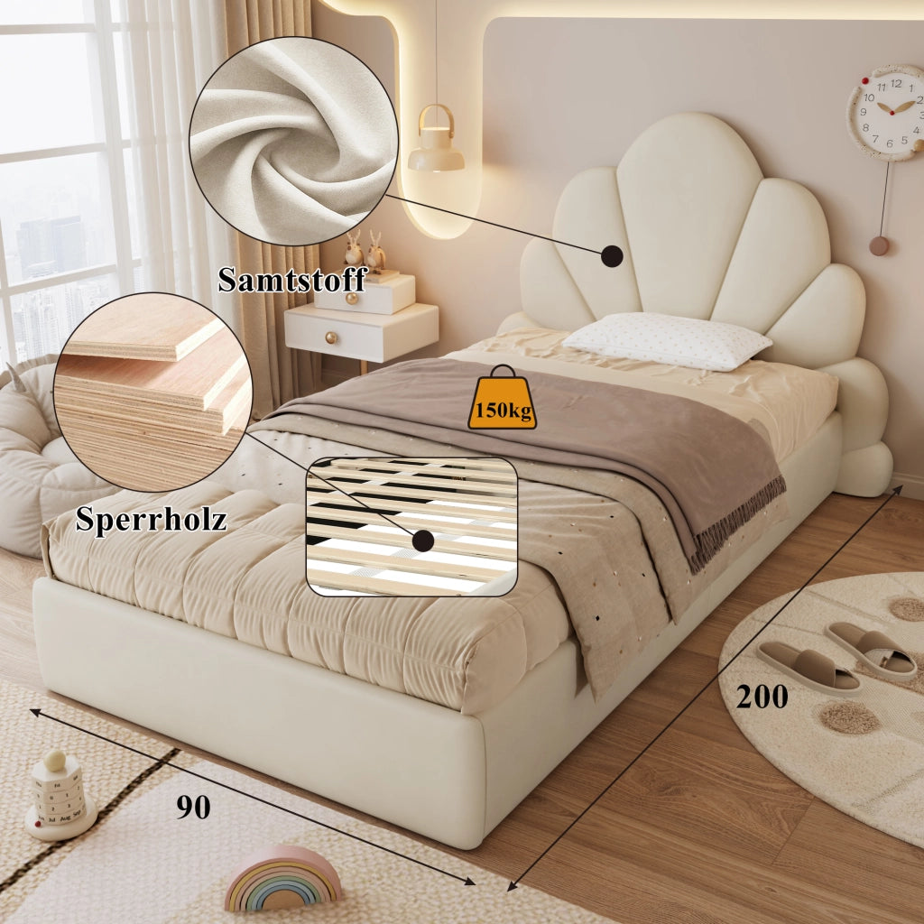 Letto singolo imbottito 90 ¡Á 200 cm con testiera a petali in velluto beige rete a doghe e tavolini laterali