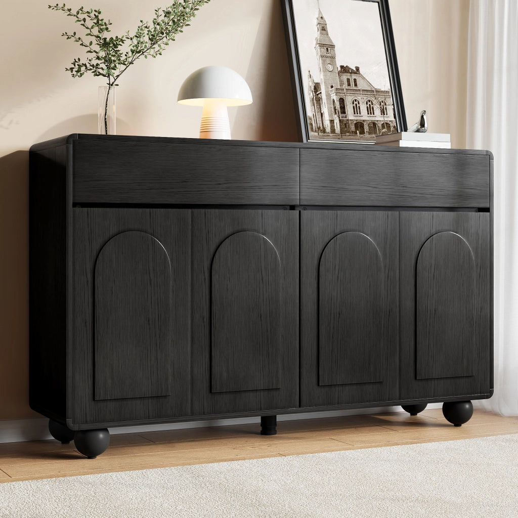 Sideboard moderno per soggiorno con ante curve, mobile contenitore in PB e MDF, piedi rotondi in metallo