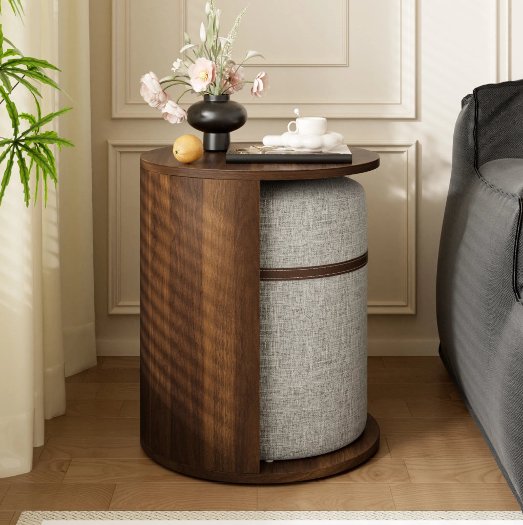 TAVOLO Laterale Rotondo con Sgabello Integrato 38x38x47,5 cm MDF Noce