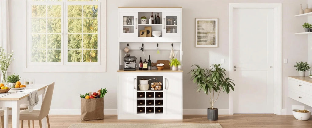Credenza da cucina con vetrina 175 cm, mobile porta piatti con ripiano vini e appendiabiti, per cucina, sala da pranzo e soggiorno