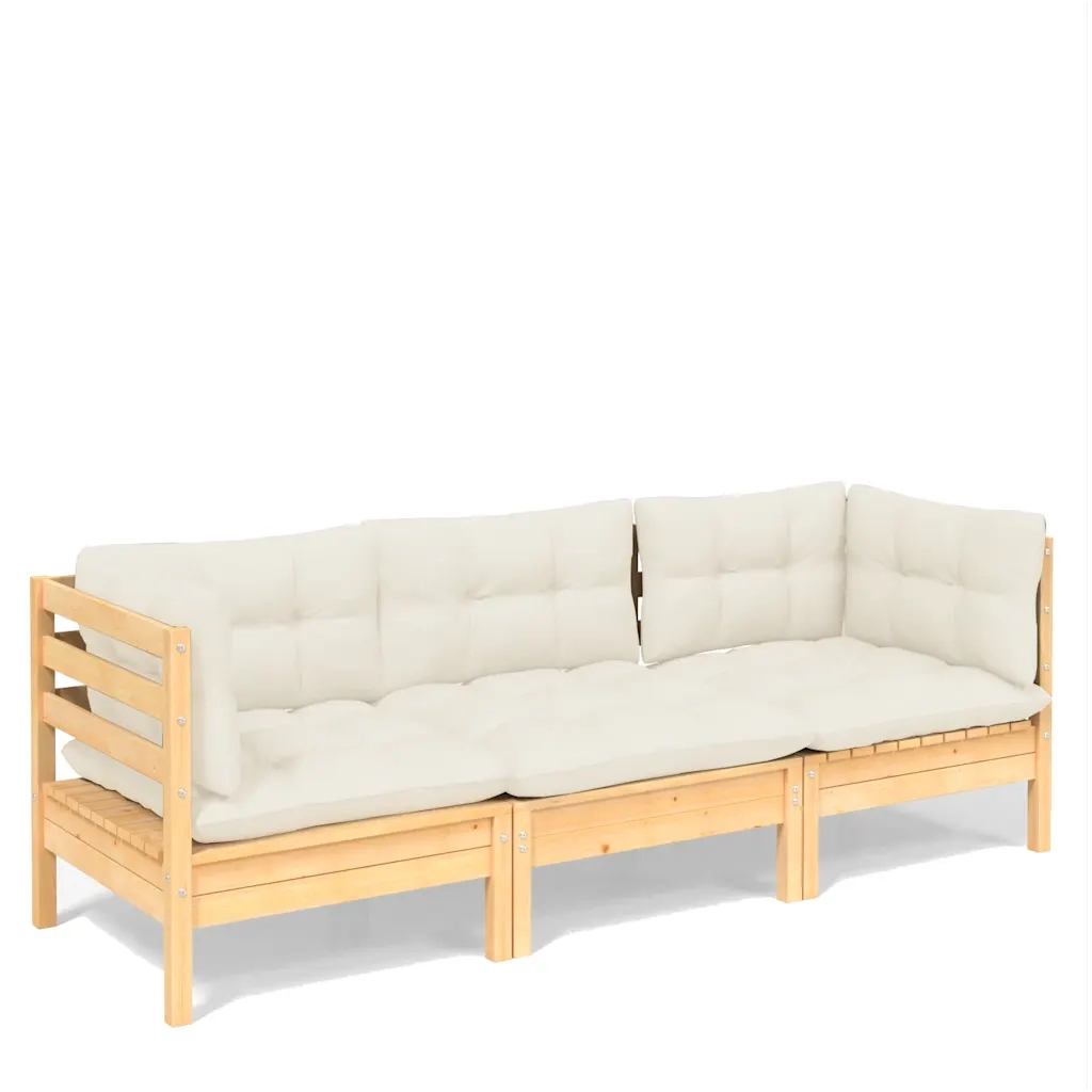 Divano da Giardino a 3 Posti con Cuscini-Sofa da Giardino-Divano da esterno Crema Massello di Pino