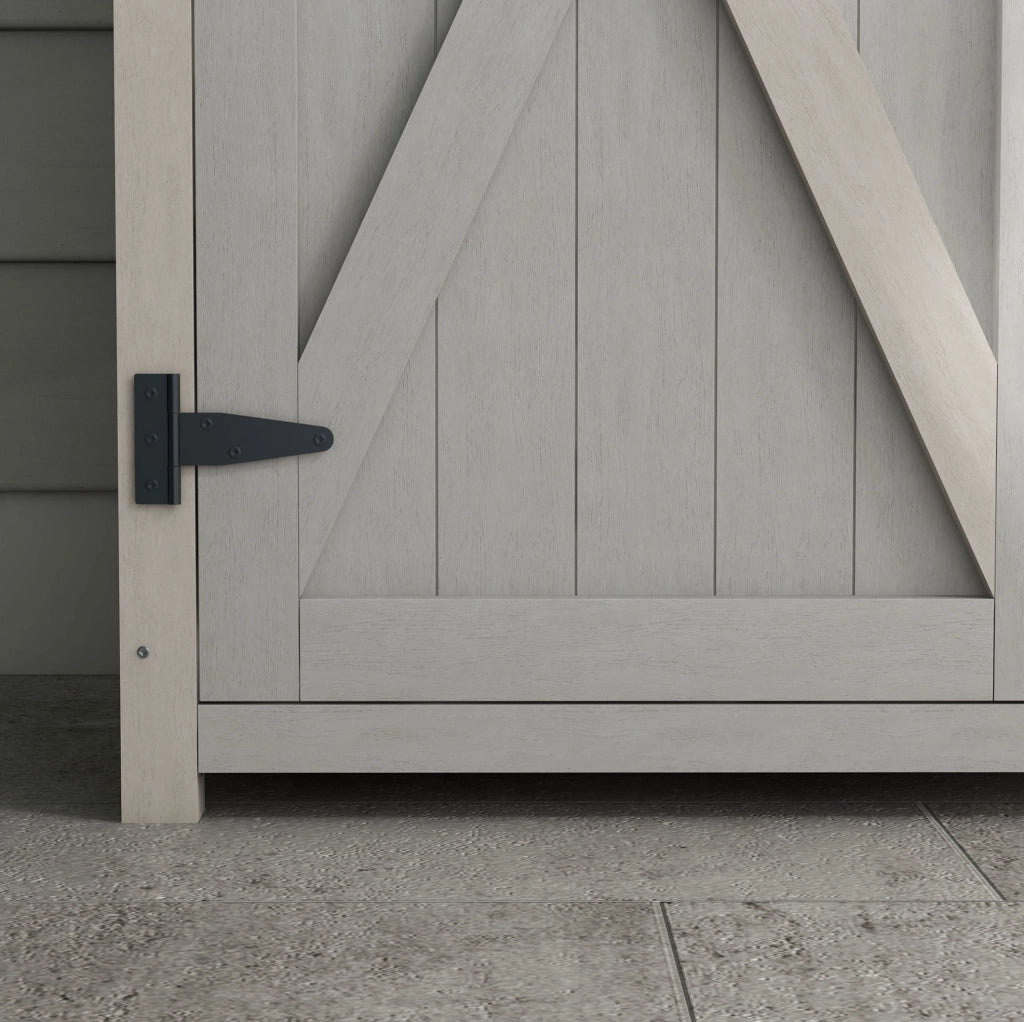 Armadio da giardino in legno 110 x 55 x 117 cm con 2 ante; 2 ripiani e vano aperto grigio chiaro