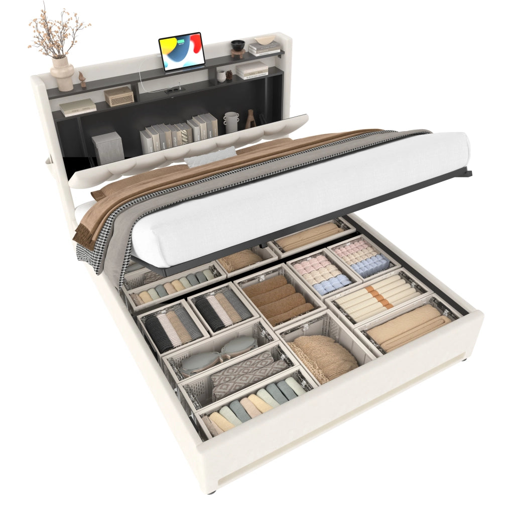 Letto matrimoniale 160x200 in velluto beige con contenitore, luci LED e ricarica USB tipo C