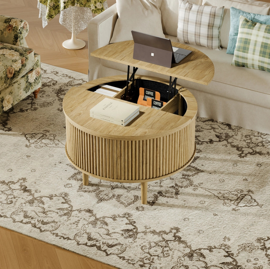 Tavolino da salotto rotondo 80x80x50 cm con piano regolabile e funzione scorrevole, superficie tondo naturale