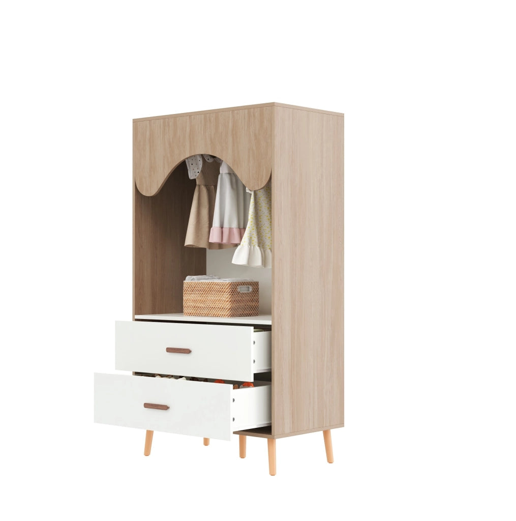 Armadio Aperto per Bambini in Legno 80 x 46 x 141.5 cm con Barra Appendiabiti e 2 Cassetti Bianco e Naturale