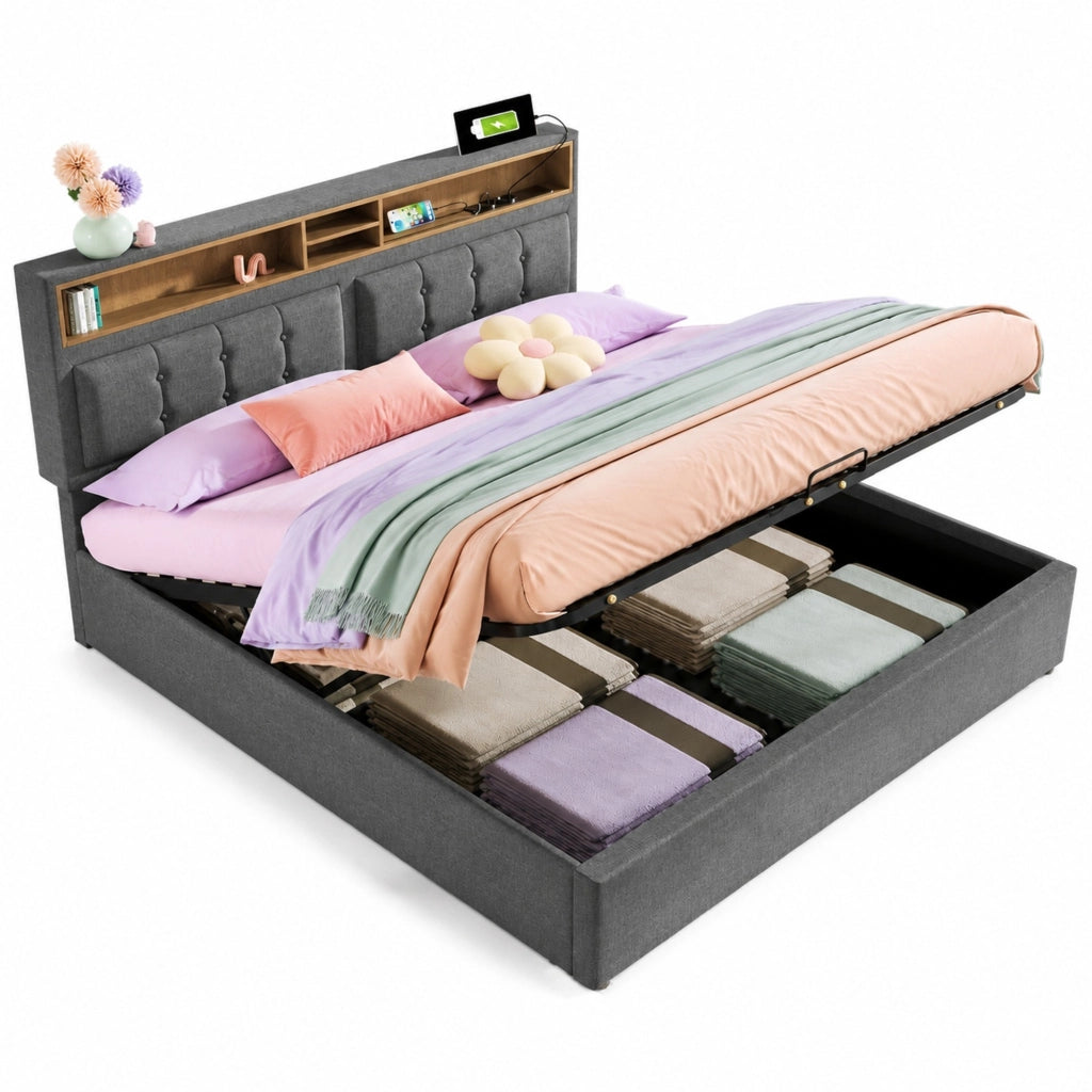 Letto imbottito 160 x 200 cm grigio con contenitore, prese e USB-C