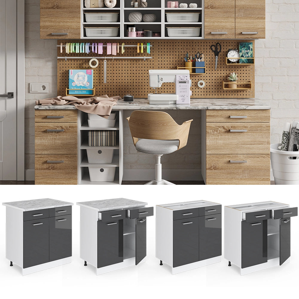 Vicco Base universale Antracite lucido 80 cm con cassetti e ante, con piano di lavoro