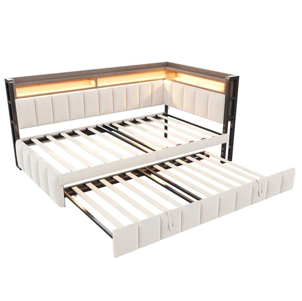 Divano letto estraibile 90x200 cm con LED, USB e USB-C in velluto beige
