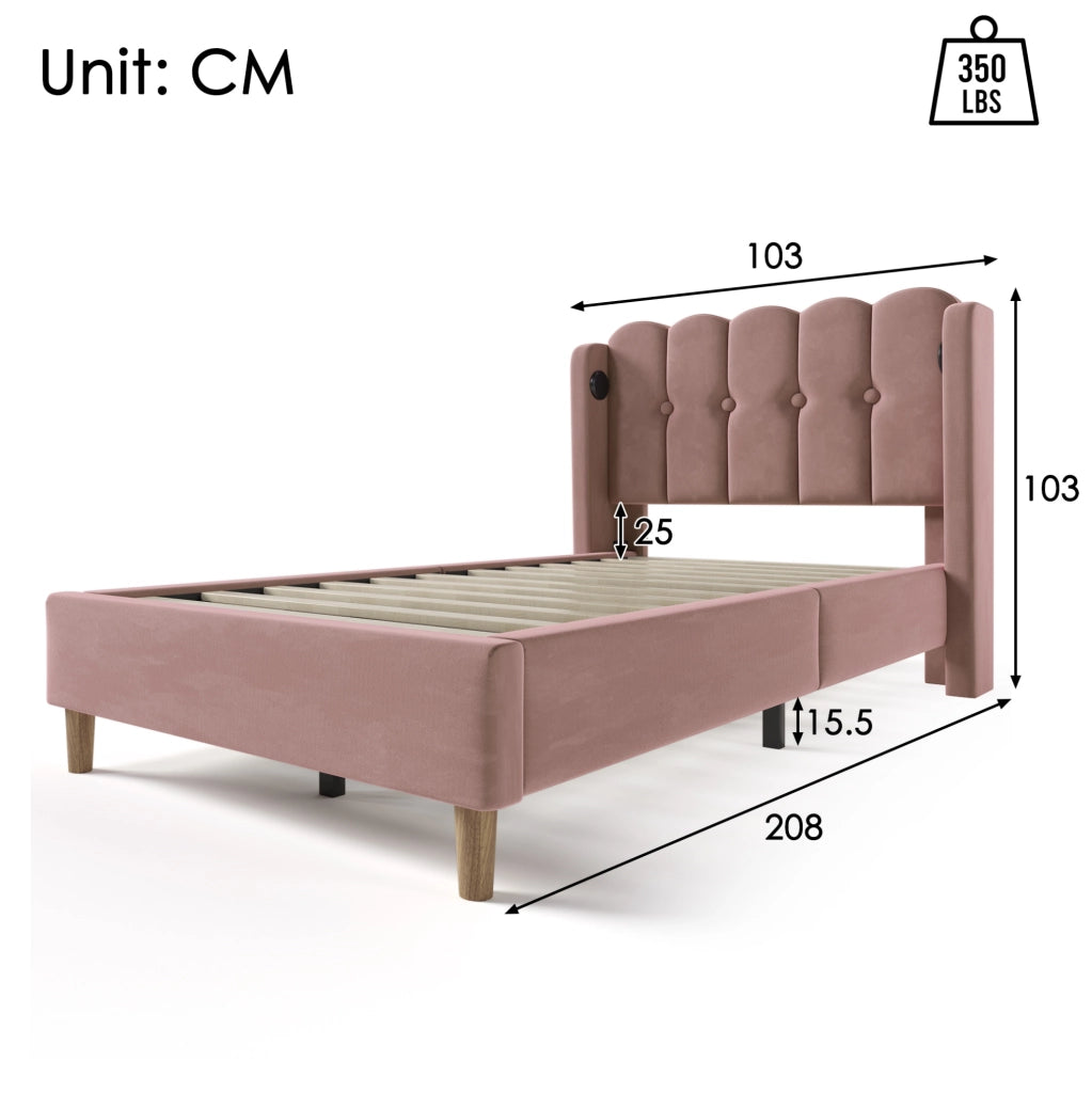 Letto singolo imbottito in velluto rosa con porta USB e Type-C