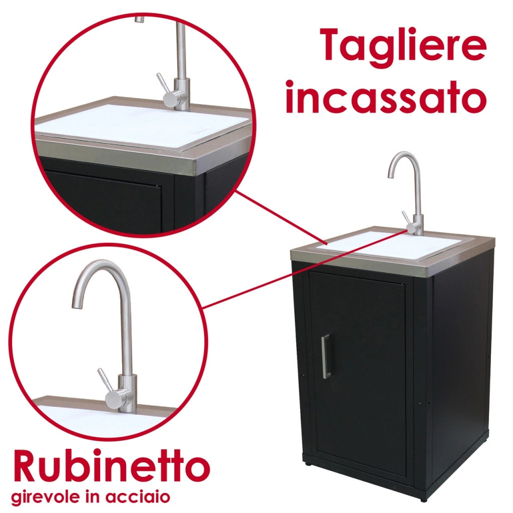 Set cucina da esterno a gas 3 elementi con lavello, rubinetto e tagliere con 2 cassetti estraibili - struttura in acciaio e piano in acciaio inox - Nero