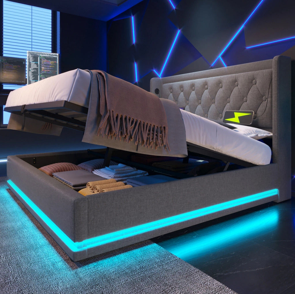 Letto matrimoniale 180x200 cm in cotone con LED e contenitore