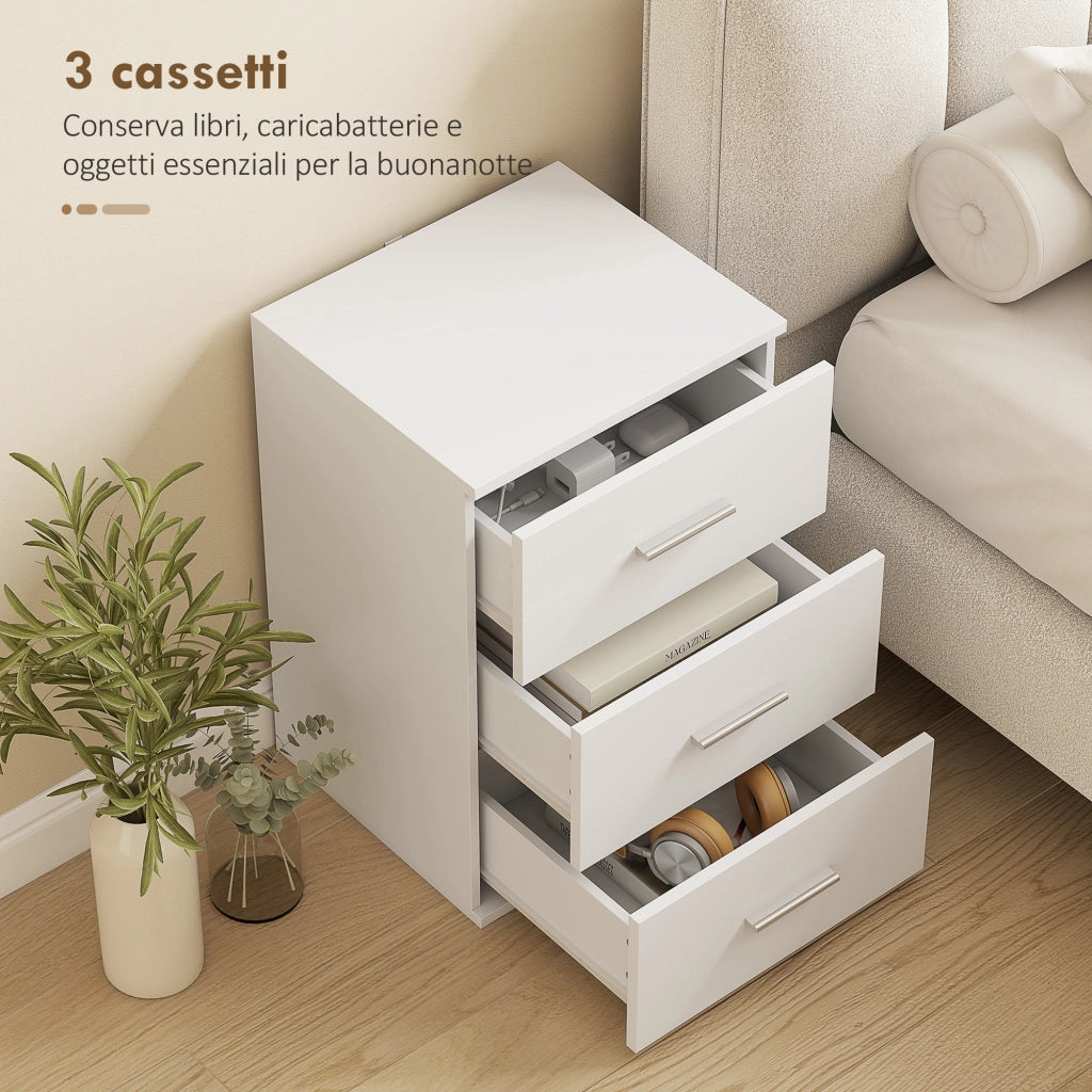 Comodino Moderno e Multiuso 40x35x60 cm con 3 Cassetti in MDF Bianco