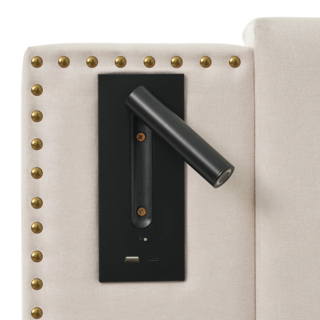 Letto contenitore imbottito beige 160x200 cm con luce da lettura