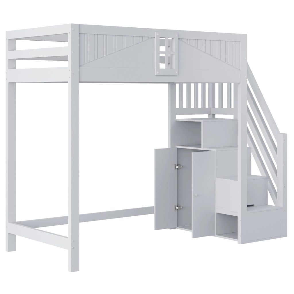 Letto a soppalco in legno massiccio 90x200 cm con scala laterale reversibile e pannello di sicurezza con finestra, colore grigio