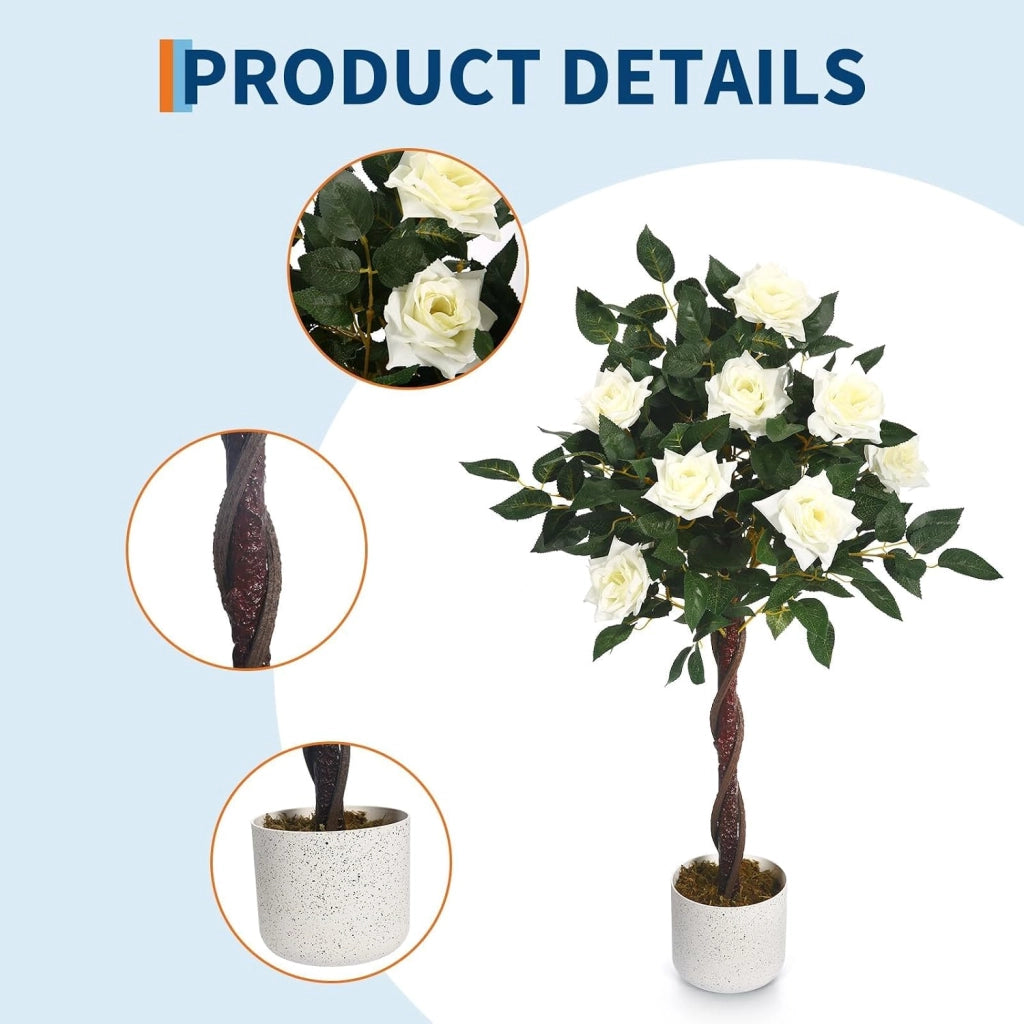 Set 2 Piante di Rose Bianche Artificiali 90 cm da Tavolo e Mensola con Vaso
