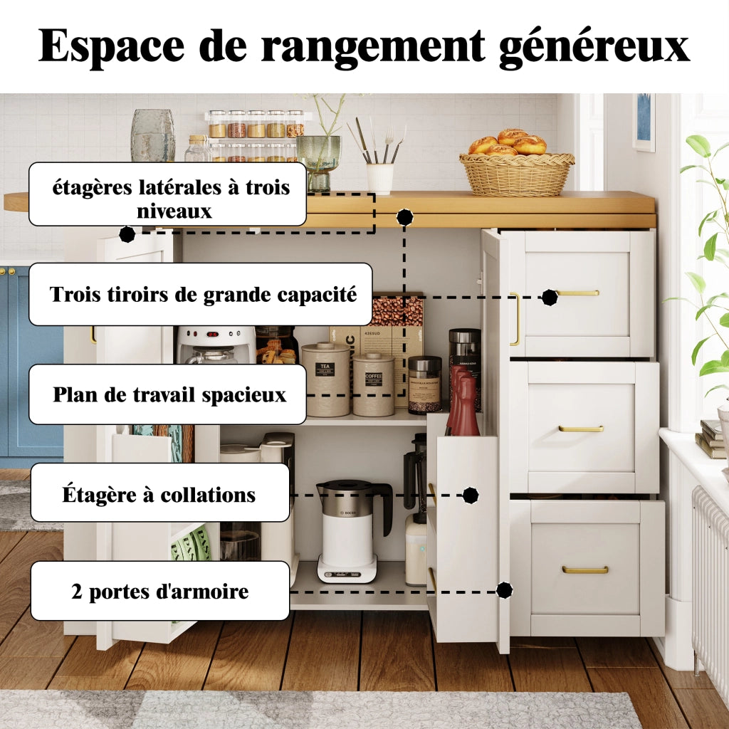 Carrello da cucina allungabile con 2 ante, 3 cassetti e cestello laterale su ruote, MDF bianco, 135-228 × 39 × 104 cm