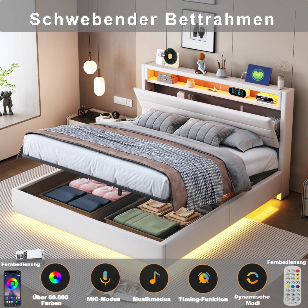 Letto imbottito con contenitore idraulico 140x200 cm, USB e LED, beige