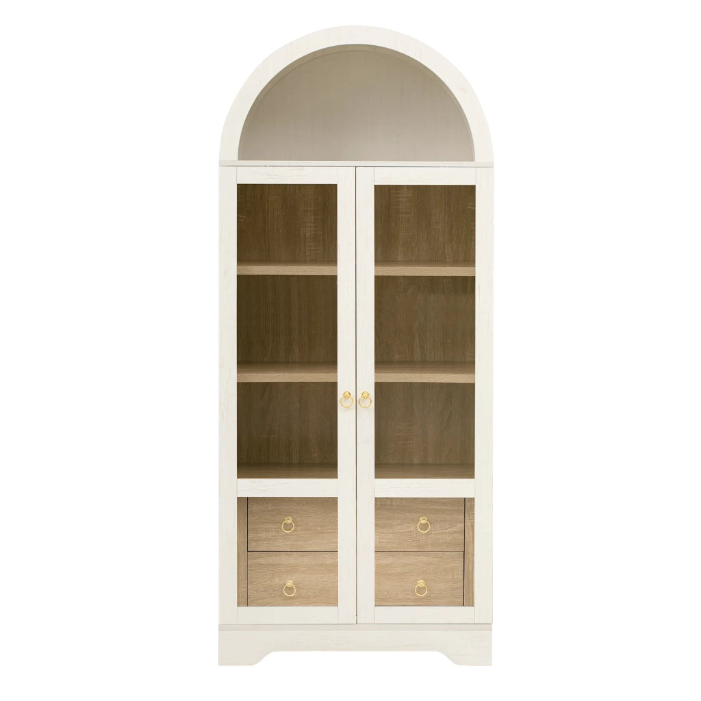 Highboard bianco con ripiani regolabili, cassetti e ante in vetro trasparente. Ampio contenitore ideale per cucina, sala da pranzo e soggiorno.