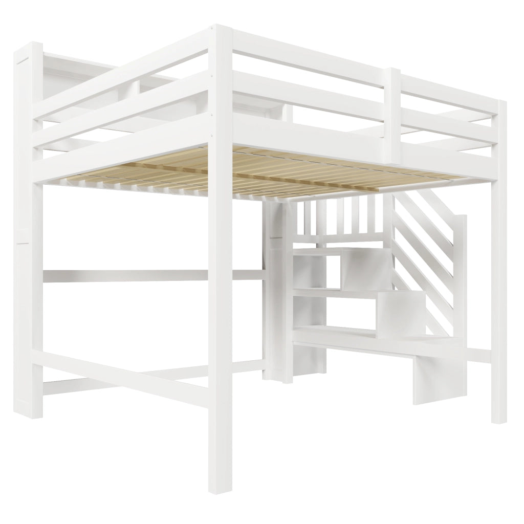 Letto a soppalco 140x200 cm con LED; scala contenitore e struttura bianca