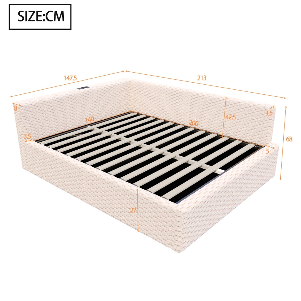 Letto imbottito 140x200 cm con vano contenitore; LED; USB e Type-C; velluto beige