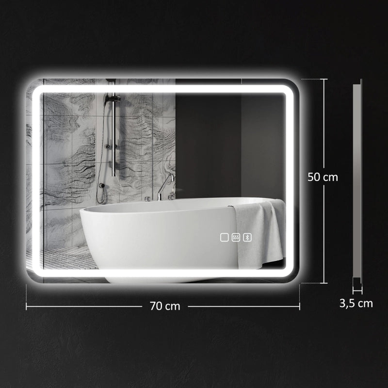 Specchio da bagno LED con Bluetooth; funzione antiappannamento; touch e memoria; vetro temperato; argento