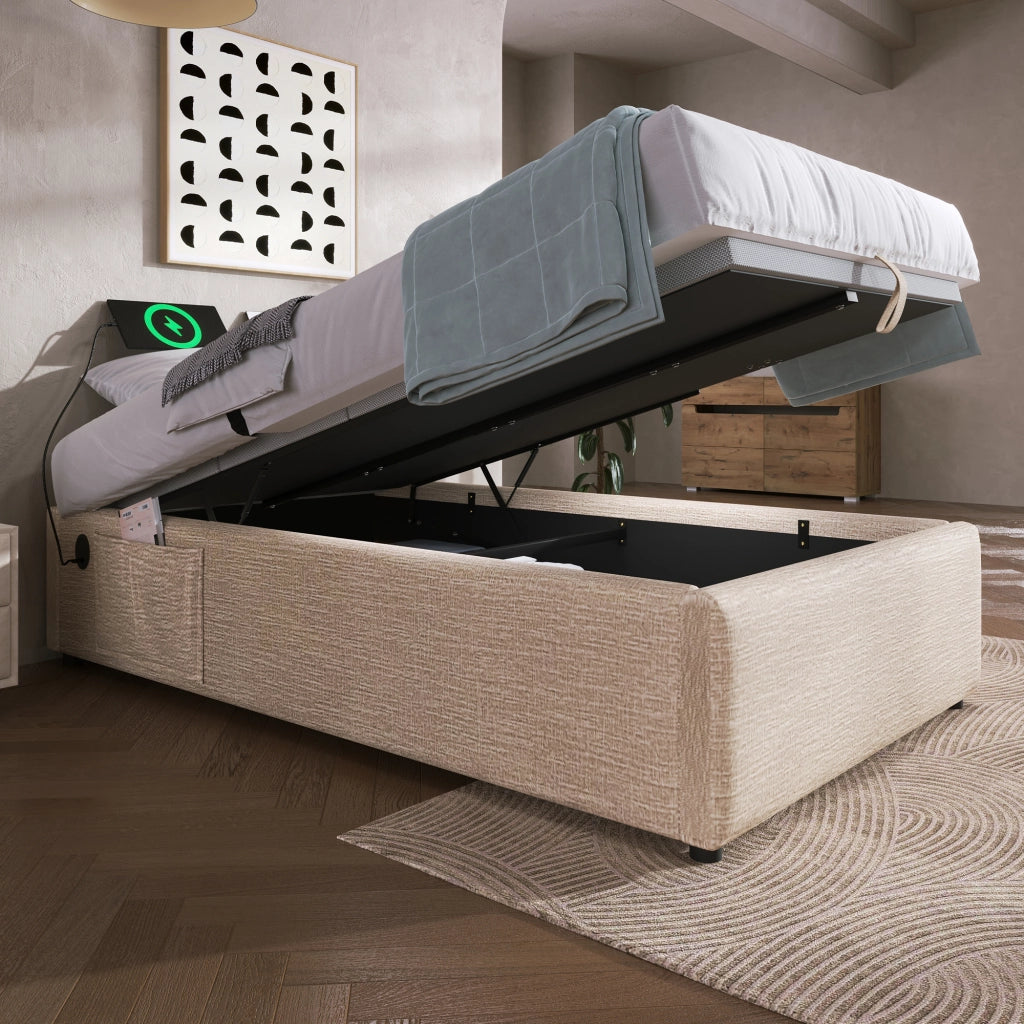 Letto contenitore singolo 90×200 cm con USB; Type-C e tasca laterale; senza materasso; in lino; naturale
