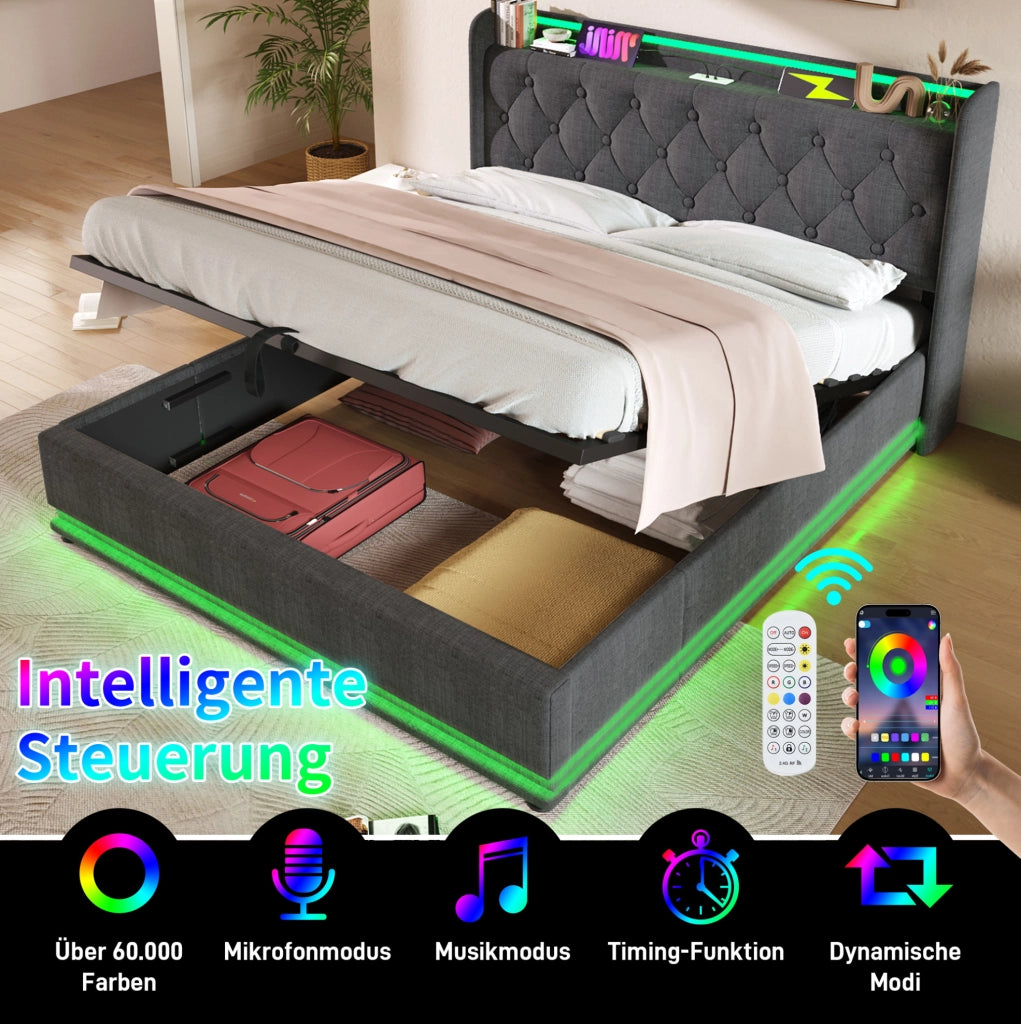 Letto matrimoniale 160x200 cm con contenitore idraulico; LED e USB-C; lino grigio