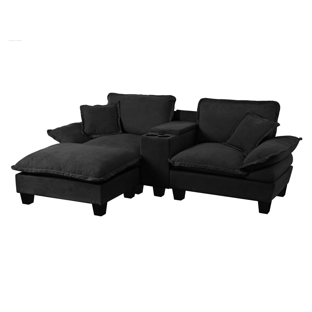 Divano Angolare Modulare con Ottomane ¨C MINIMAL ¨C Chenille, Nero, USB, Contenitore