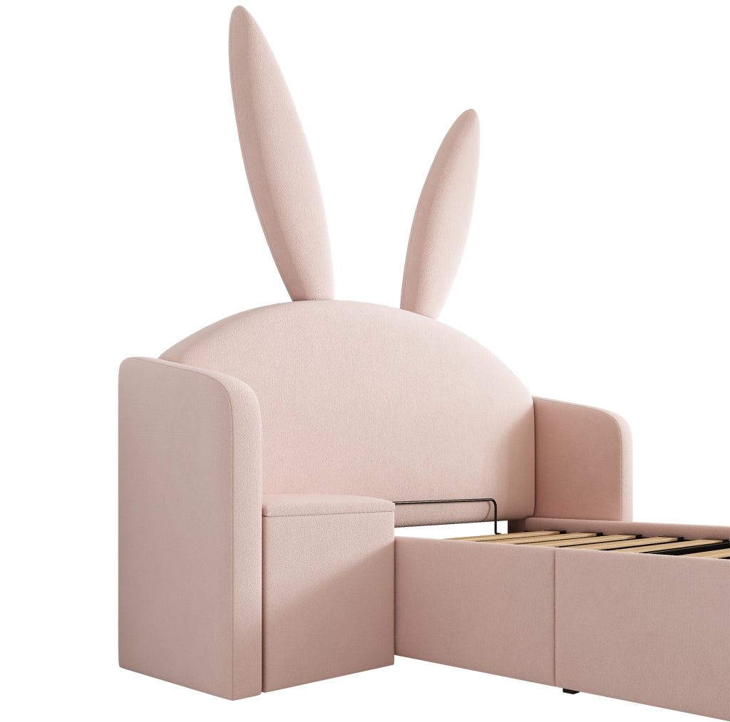 Letto singolo per bambini 90x200 cm con contenitore e comodino reversibile in velluto rosa HOMVRA