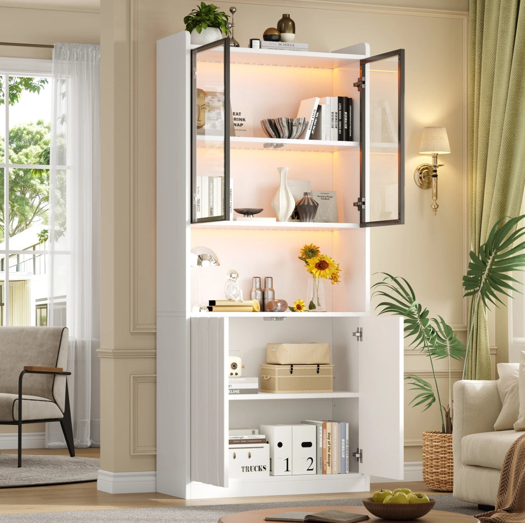 Vetrina Alta Bianca 80x35x200 cm con LED Bluetooth, 4 Ante in Truciolato e Vetro Temperato, Ripiani Regolabili e Illuminazione Personalizzabile