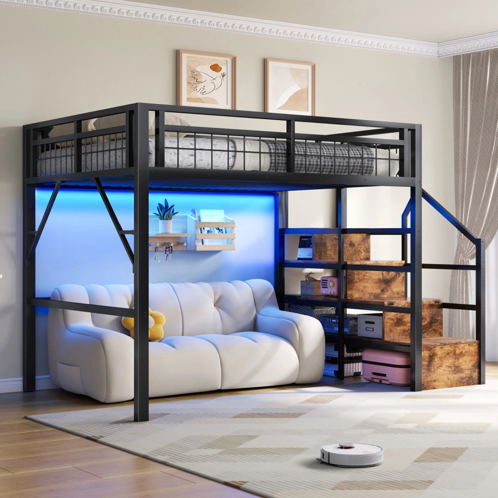Letto a soppalco 140 x 200 cm nero con LED e gradini contenitore