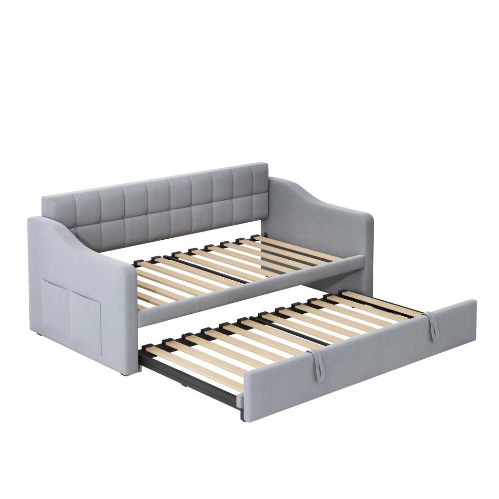 Divano letto 2 in 1 da 90 a 180 x 190 cm con presa, divano letto imbottito in velluto con tasca portaoggetti e reti, grigio chiaro, stabile