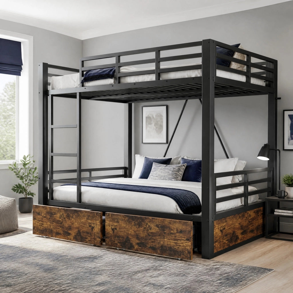 Letto a castello 140 × 200 cm 2 posti con cassetti e scala; senza materasso; in metallo e legno; nero