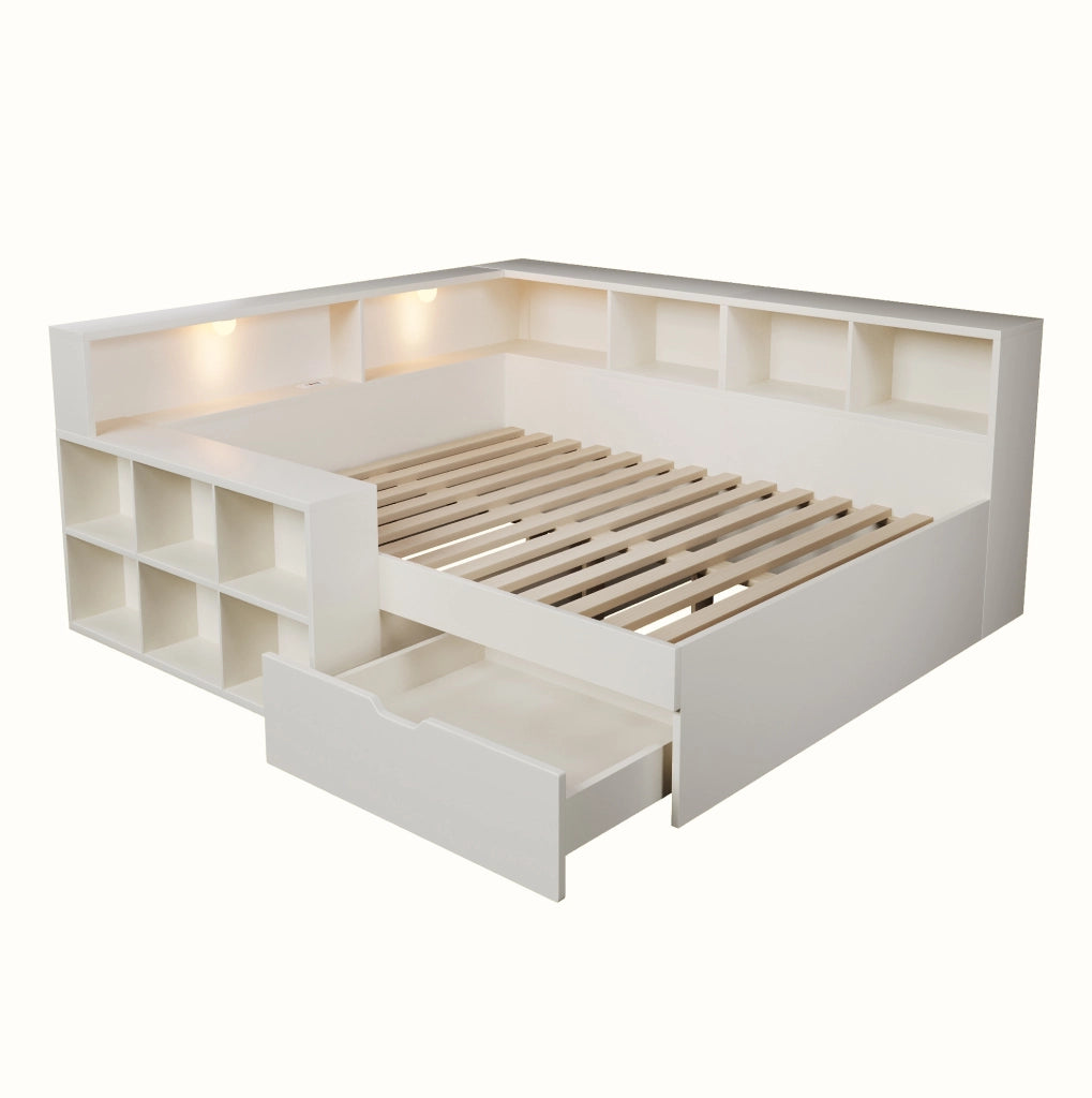 Letto matrimoniale 140x190 cm con contenitore; luci e porte USB/Type-C bianco HOMVRA