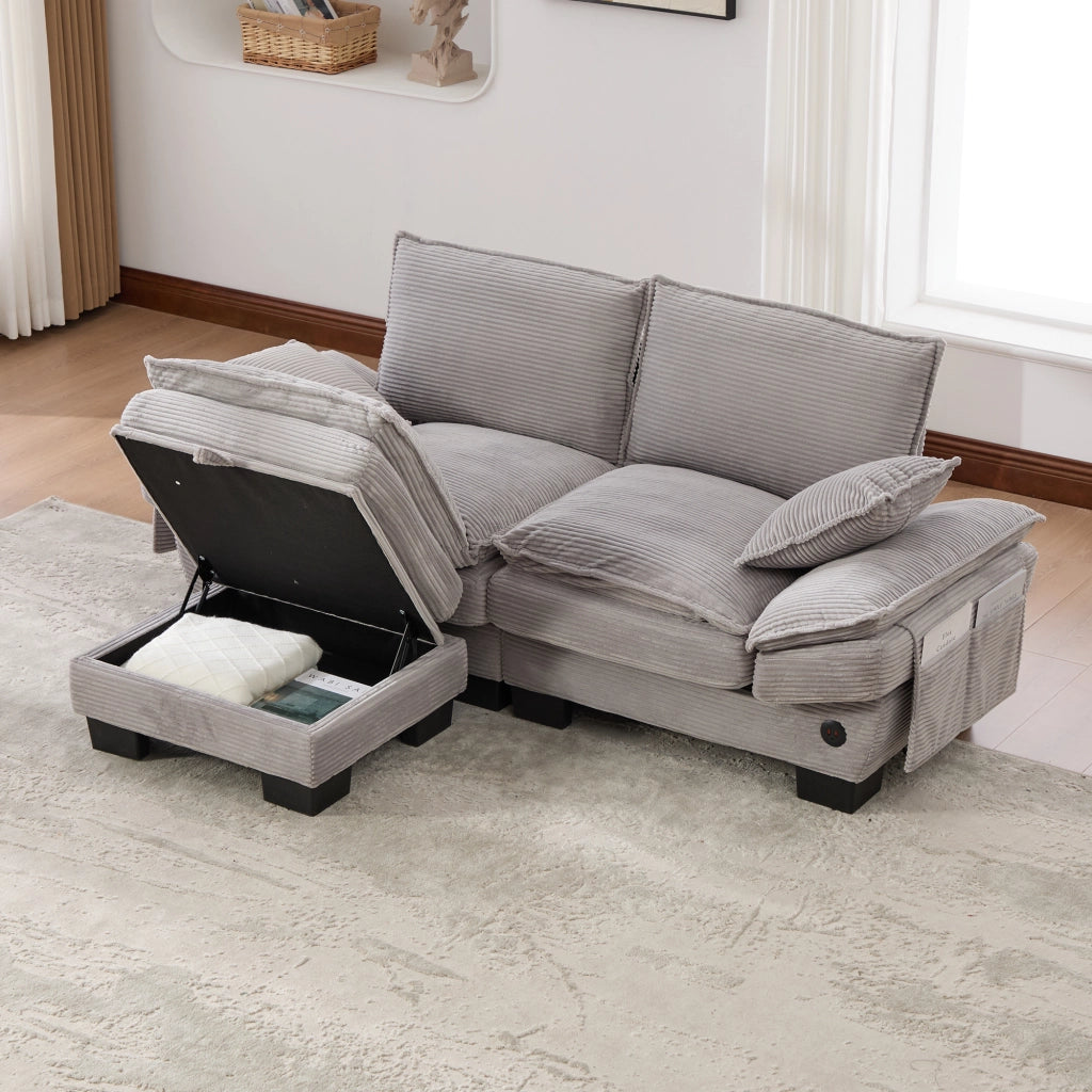 Divano lineare 2 posti con pouf contenitore e USB-C; in corduroy grigio chiaro