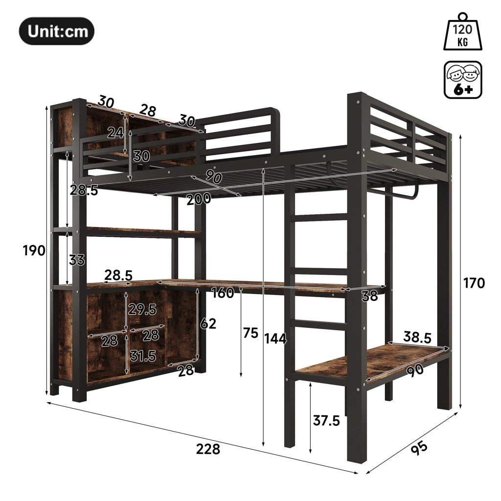 Letto a soppalco per bambini 90x200 cm con scrivania; appendiabiti; ripiani e vani; metallo e MDF nero