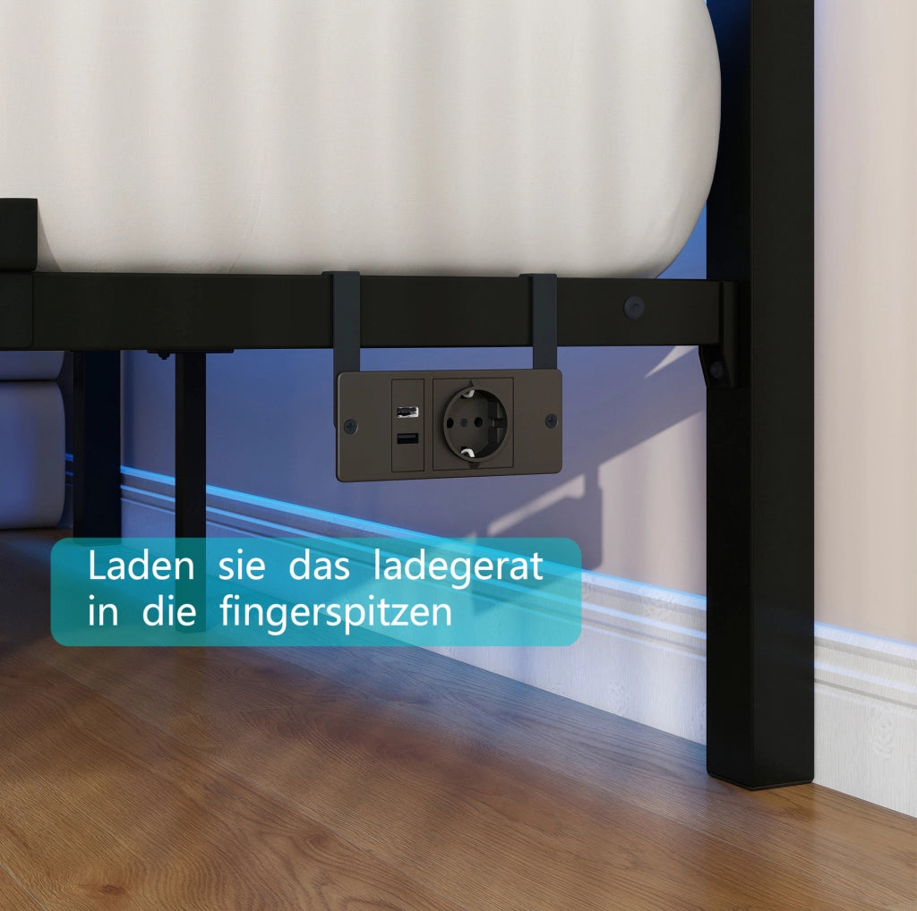 Letto con struttura in metallo 140x200 cm con testiera in legno, illuminazione LED RGB, porta USB e spazio contenitivo sottostante
